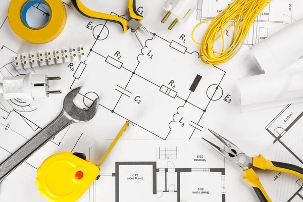 Platte Lay Compositie Met Elektriciens Gereedschappen Huisplattegronden — Stockfoto