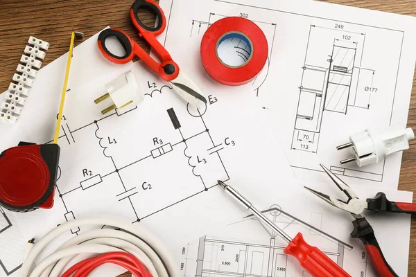 Flat Lay Composition Electrician Tools House Plan Sheets Table — Stock Photo, Image