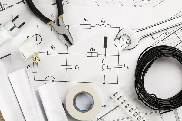 Flat Lay Composition Electrician Tools House Plan Sheets — Stock Photo, Image