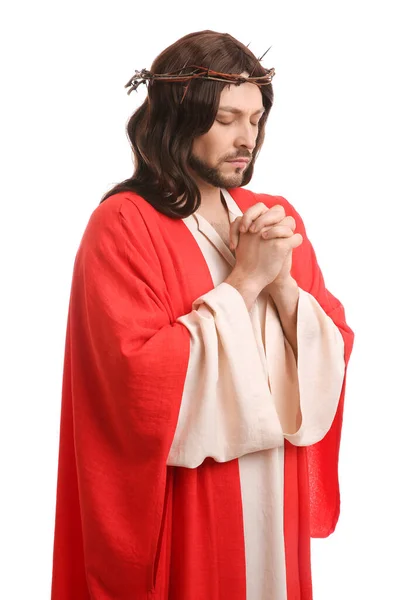 Jesus Christus Mit Dornenkrone Gebet Auf Weißem Hintergrund — Stockfoto