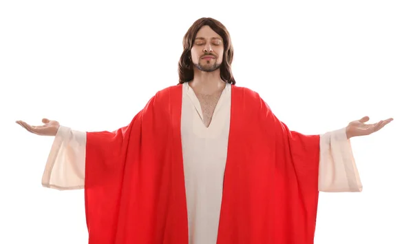 Jezus Christus Met Uitgestrekte Armen Witte Achtergrond — Stockfoto