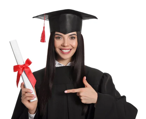 Glückliche Studentin Mit Diplomhut Und Diplom Auf Weißem Hintergrund — Stockfoto