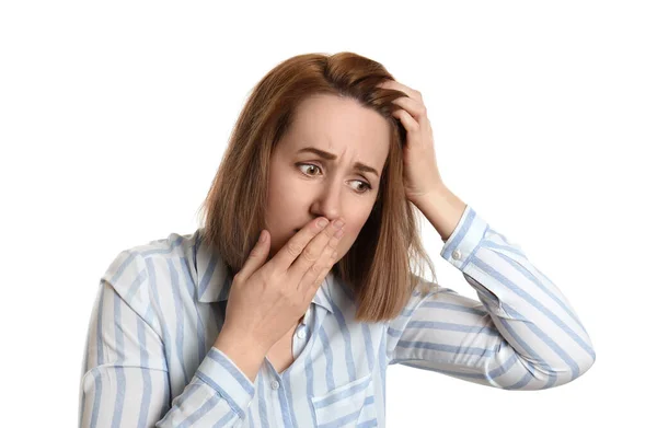 Mulher Emocional Que Sofre Calvície Fundo Branco — Fotografia de Stock