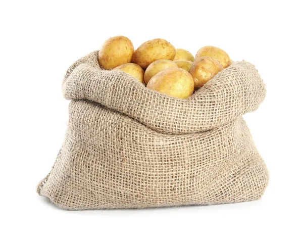 Rohe Frische Kartoffeln Sack Isoliert Auf Weiß — Stockfoto