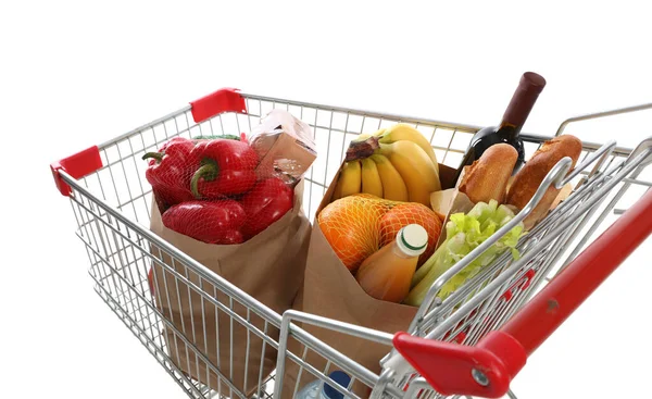 Carrello Pieno Generi Alimentari Sfondo Bianco — Foto Stock