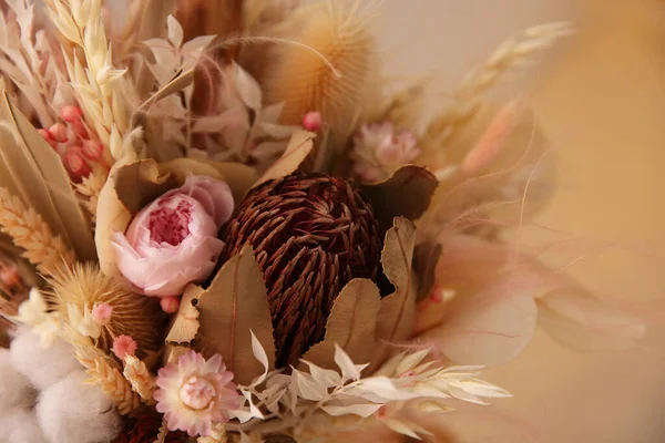 Bouquet Dry Flowers Leaves Blurred Background Closeup — Stock Photo, Image