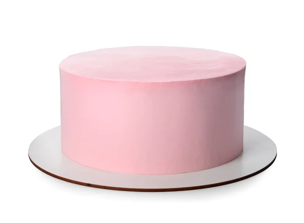 Köstliche Rosa Torte Auf Weißem Hintergrund Geburtstagsfeier — Stockfoto