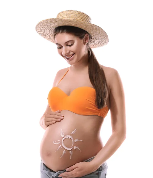 Młoda Kobieta Ciąży Kremem Opalania Brzuchu Białym Tle — Zdjęcie stockowe