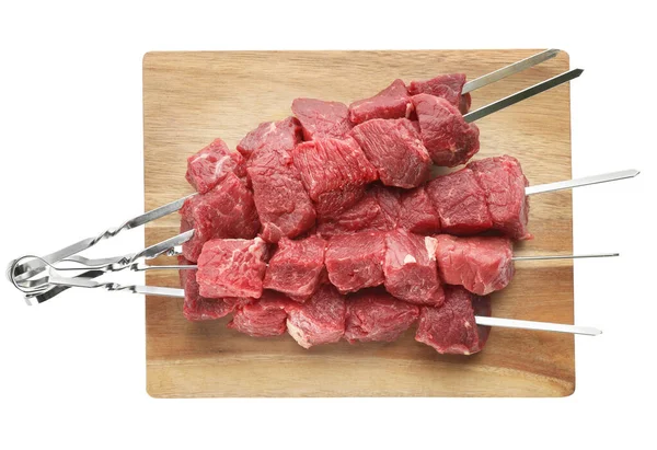 Metal Skewers Raw Meat White Background Top View — Stock Photo, Image