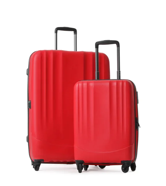 白色背景下旅行的红色行李箱 — 图库照片