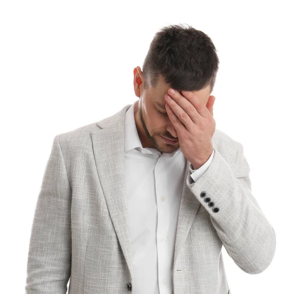 Upset Man Covering Face Hand White Background — Stock Photo, Image