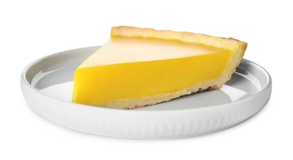 Plate Slice Delicious Homemade Lemon Pie White Background — Stock Photo, Image