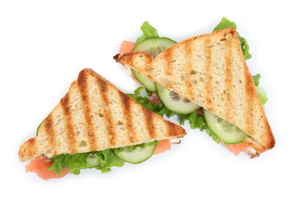 Вкусные Сэндвичи Лососем Огурцом Белом Фоне Вид Сверху — стоковое фото