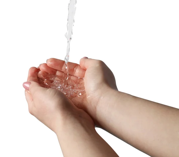 Despejar Água Nas Mãos Mulher Sobre Fundo Cinza Close — Fotografia de Stock
