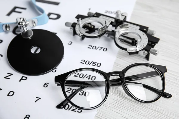 Different Ophthalmologist Tools White Wooden Table — Stock Photo, Image