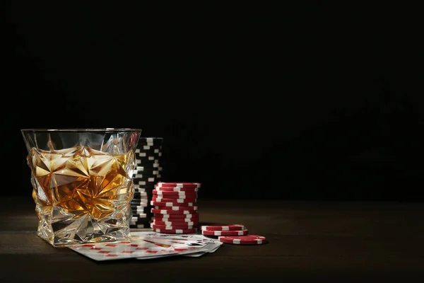 Casino Chips Playing Cards Glass Whiskey Wooden Table Space Text Stock Image