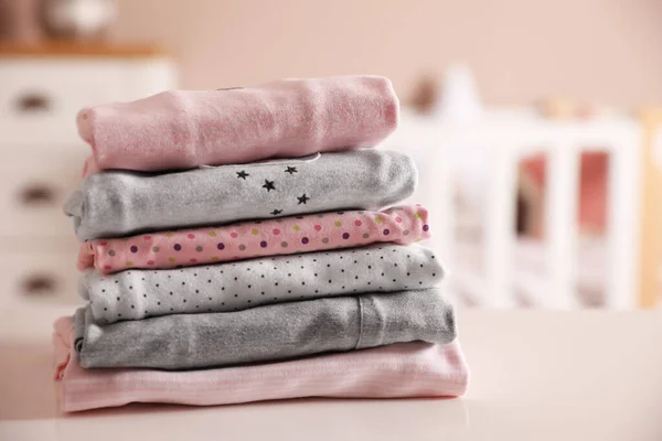 Stack Clean Girl Clothes Table Indoors — Stock Photo, Image