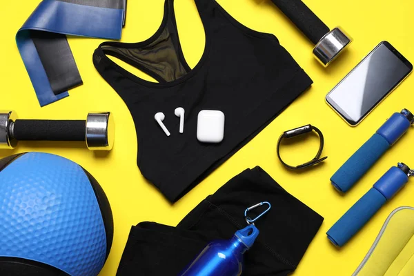 Flat Lay Composition Sports Equipment Yellow Background — Stock Photo, Image