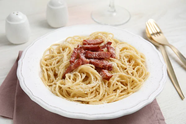 Delicious Carbonara Pasta Served White Wooden Table — Stock Photo, Image