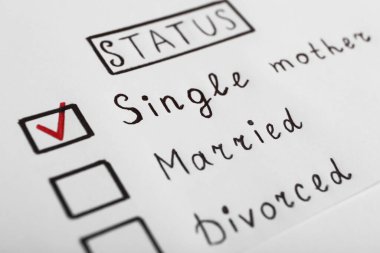 İşaretli Bekar Anne kutusu medeni durumu onaylıyor, yakın plan.