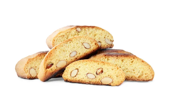 Fatias Cantucci Saboroso Fundo Branco Biscoitos Amêndoa Italianos Tradicionais — Fotografia de Stock