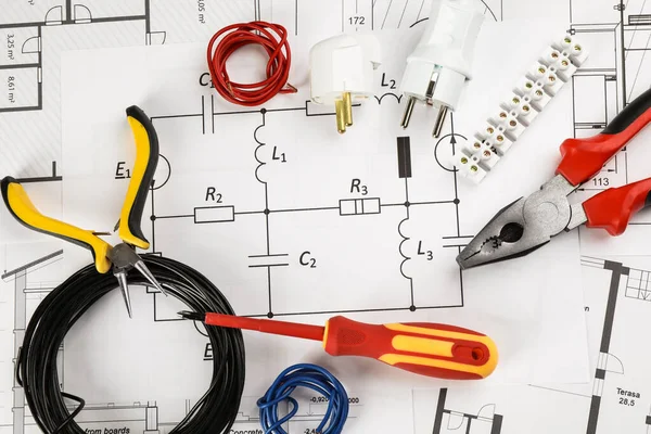 Platte Lay Compositie Met Elektriciens Gereedschappen Huisplattegronden — Stockfoto