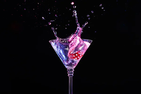 Casino Dice Falling Glass Alcohol Drink Black Background — Stock Photo, Image