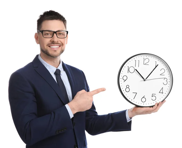 Homem Negócios Feliz Apontando Relógio Contra Fundo Branco Gestão Tempo — Fotografia de Stock