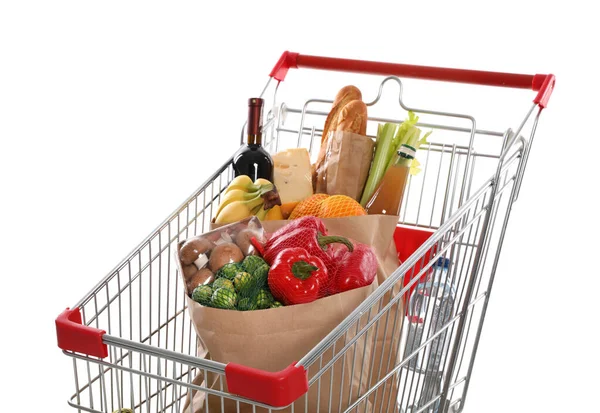 Shopping Cart Full Groceries White Background — Stock Photo, Image
