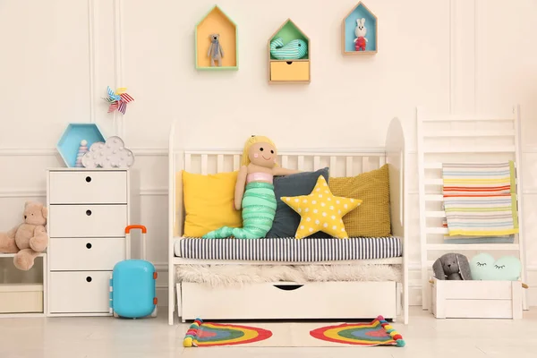 Cozy Baby Room Interior Crib Toys — Stock Photo, Image
