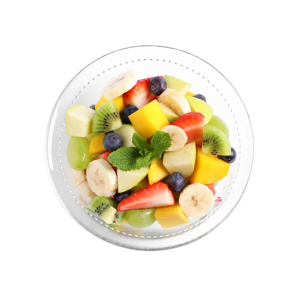 Deliciosa Ensalada Frutas Frescas Tazón Sobre Fondo Blanco Vista Superior — Foto de Stock