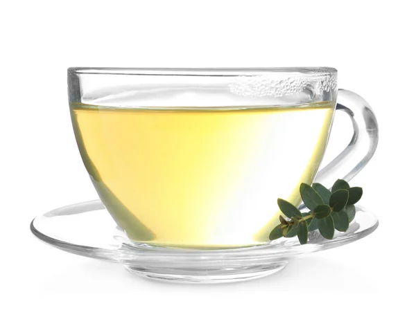 白を基調としたユーカリの葉と緑茶のカップ — ストック写真