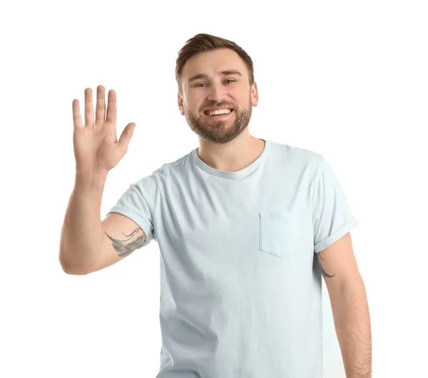 Happy Young Man Waving Say Hello White Background — Stock Photo, Image