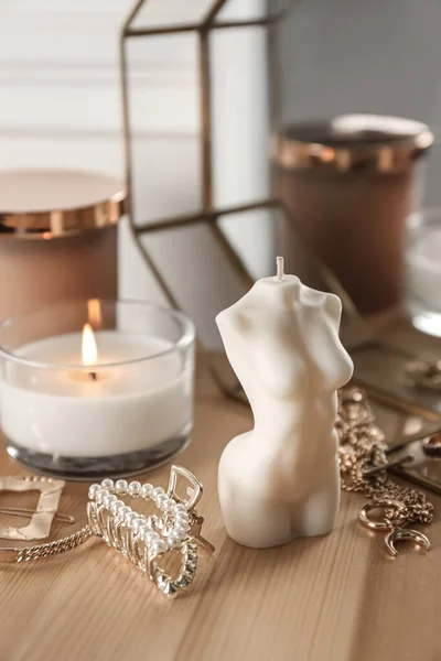 Beautiful Female Body Shaped Candle Wooden Table Stylish Decor — Stock Photo, Image