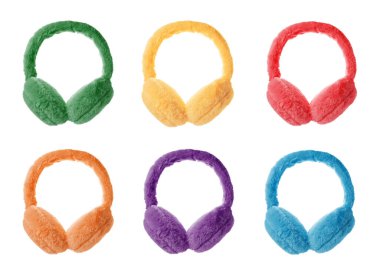 Set with different colorful soft earmuffs on white background  clipart