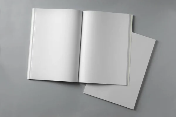 Papieren Vellen Open Blanco Brochure Lichtgrijze Ondergrond Plat Gelegd — Stockfoto