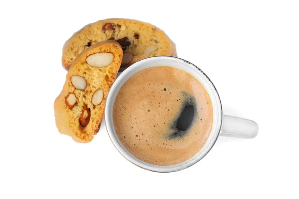 Ízletes Kantucci Egy Csésze Aromás Kávé Fehér Háttérrel Felülnézetből Hagyományos — Stock Fotó