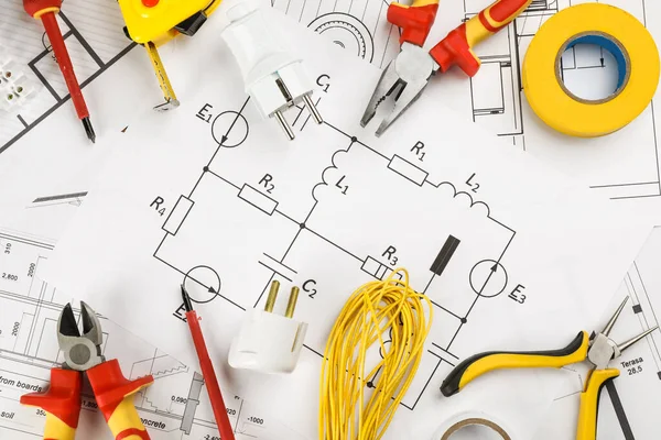 Flat Lay Composition Electrician Tools House Plan Sheets — Stock Photo, Image