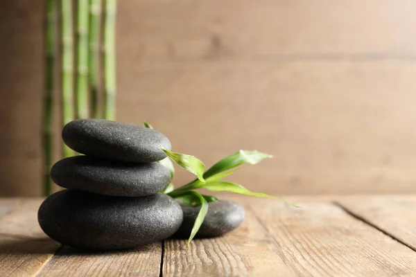 Spa Stones Bamboo Sprout Wooden Table Space Text — Stock Photo, Image