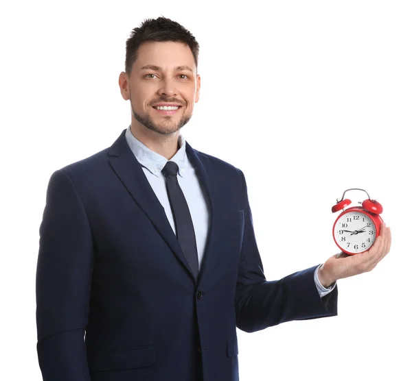 幸せなビジネスマンの白い背景に目覚まし時計を保持する 時間管理 — ストック写真