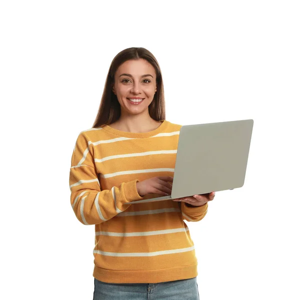 Młoda Kobieta Nowoczesnym Laptopem Białym Tle — Zdjęcie stockowe