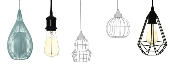 Set Con Elegantes Lámparas Colgando Sobre Fondo Blanco Diseño Banner — Foto de Stock