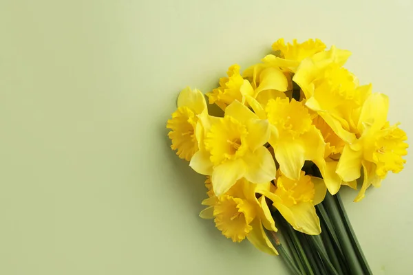 Hermoso Ramo Narcisos Sobre Fondo Verde Claro Vista Superior Espacio — Foto de Stock