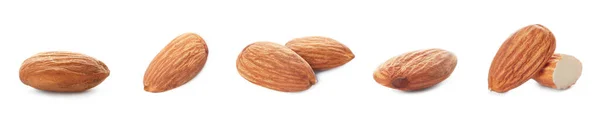 Set Tasty Almonds White Background Banner Design — Stock Photo, Image