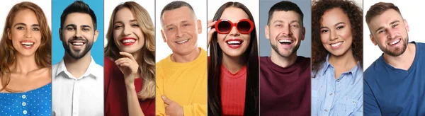 Collage Con Fotos Personas Sonrientes Felices Diferentes Fondos Color Diseño —  Fotos de Stock