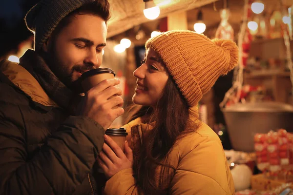 Lovely Couple Cups Hot Drinks Spending Time Together Christmas Fair — Stock Photo, Image