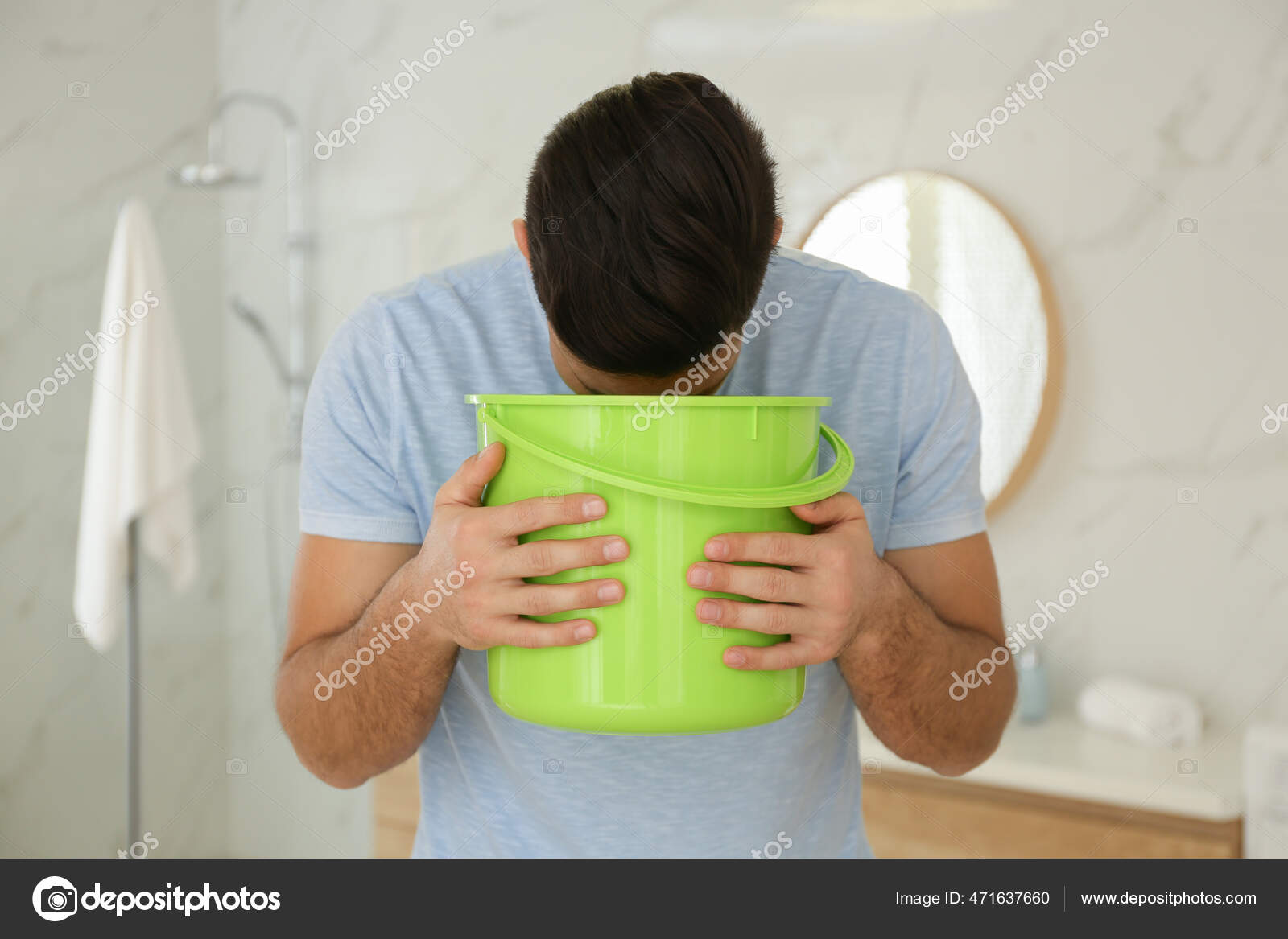 Man Bucket Suffering Nausea Bathroom Food Poisoning Stock Photo by