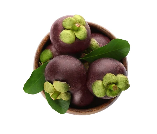 Fresh Mangosteen Fruits Green Leaves Bowl White Background Top View — ストック写真