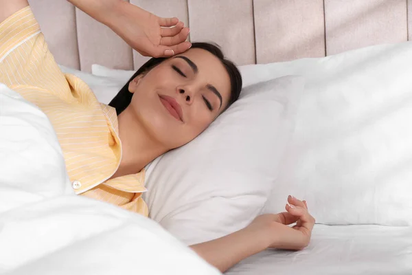 Woman Awakening Comfortable Bed White Linens — Stock Photo, Image