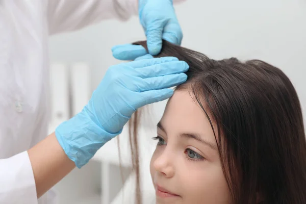 Doctor Examining Little Girl Hair Indoors Lice Treatment — Stock Photo, Image